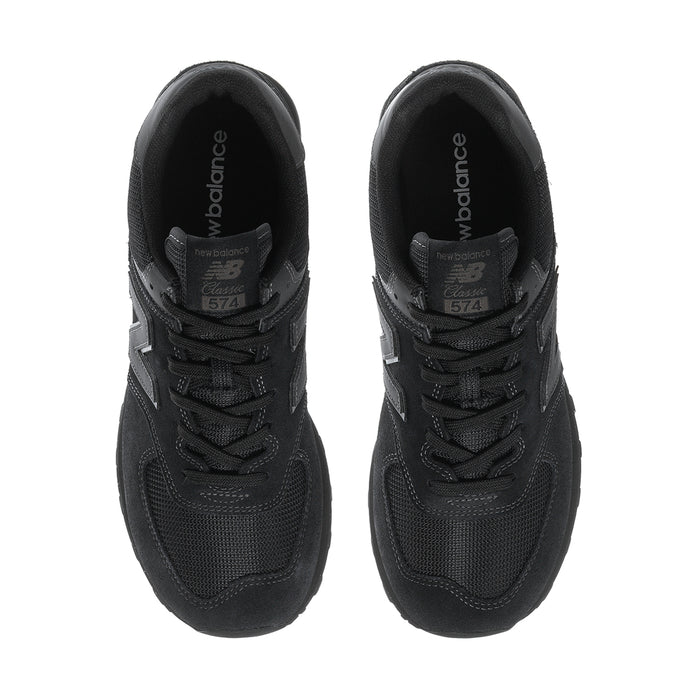 Men's New Balance 574 sneakers in black, front view with lace eyelets and N marks.