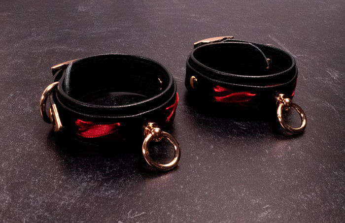 6" - 8" Rose Gold, Red & Black Corset Leather Cuffs _ LIMITED _