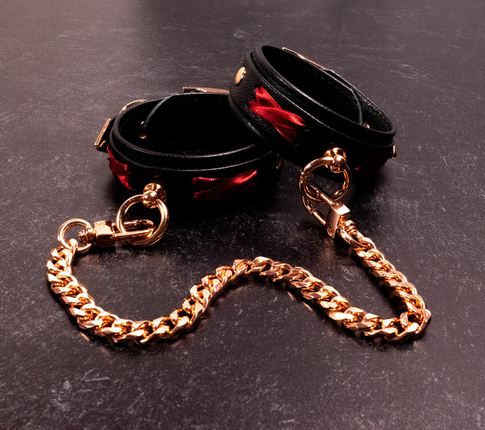 6" - 8" Rose Gold, Red & Black Corset Leather Cuffs _ LIMITED _