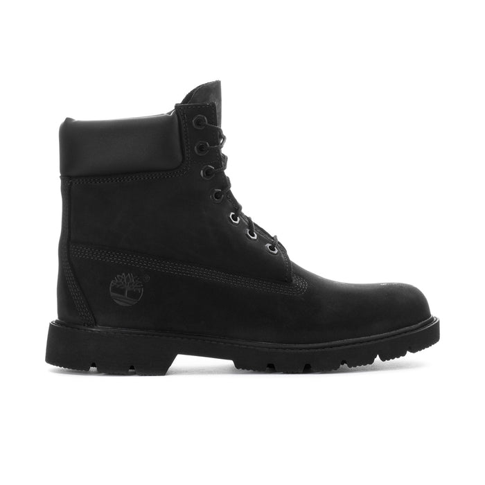 Black men's lace-up ankle boot with padded tongue, side tree logo patch, thick sole