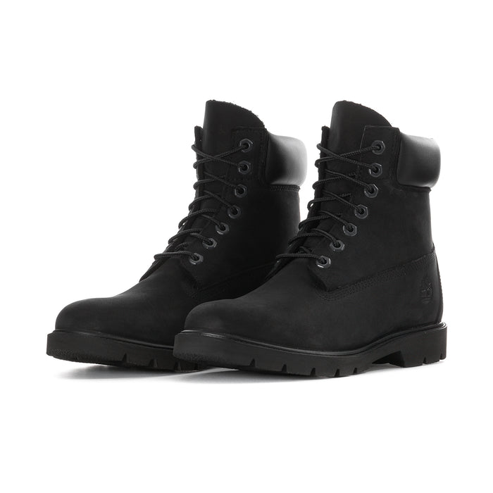 Black men's lace-up ankle boots with lace detail, padded collars, low-profile tread sole
