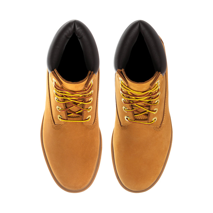 Men's wheat work boots showing yellow laces and black inner collar