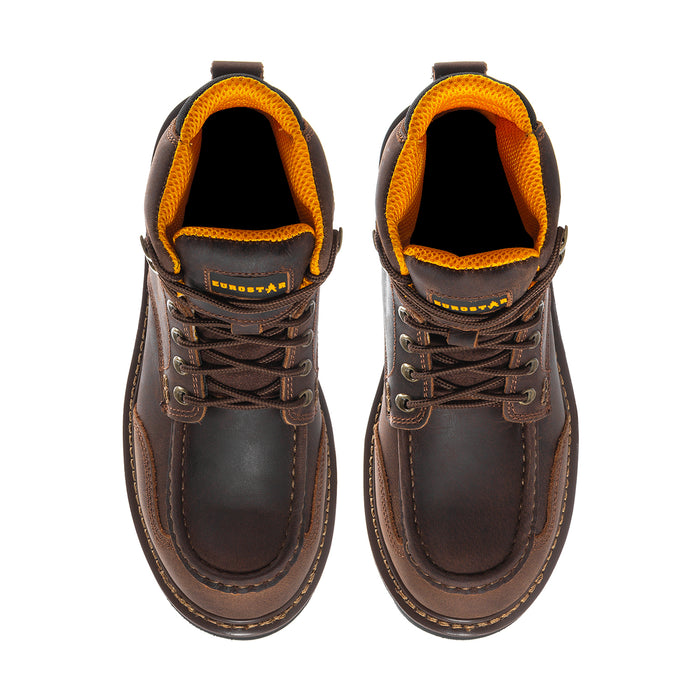 Men's 6-inch moc-toe lace-up boots, front view with yellow-orange interior lining
