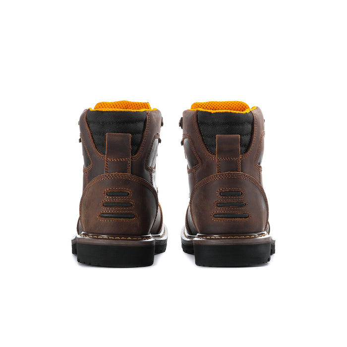 Men's 6-inch moc-toe boots, rear view with black rubber sole and orange collar lining