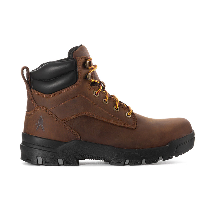 Men's 6-inch lace-up work boot, brown with black collar and rugged tread sole
