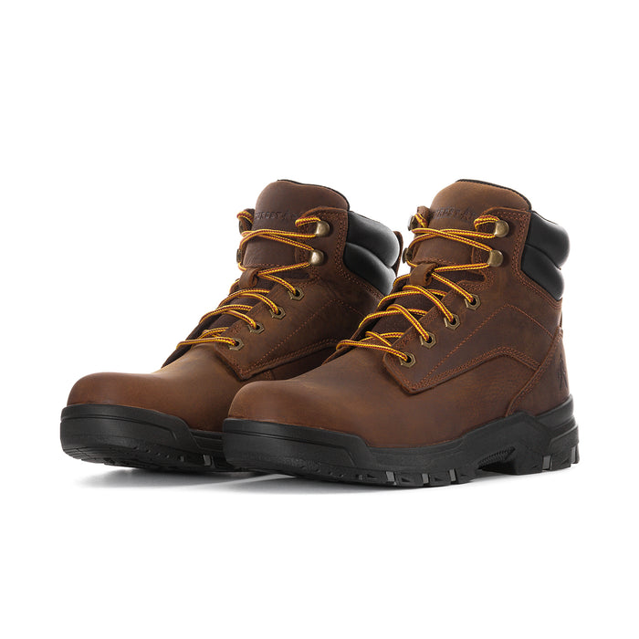 Men's 6-inch lace-up work boot, brown upper with black details and thick lug sole