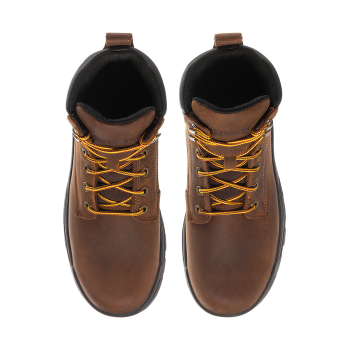 Men's 6-inch boot with yellow laces, brown leather panels, black lining at top