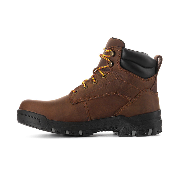 Men's 6-inch lace-up boot, brown leather with black side panel and yellow lace accents