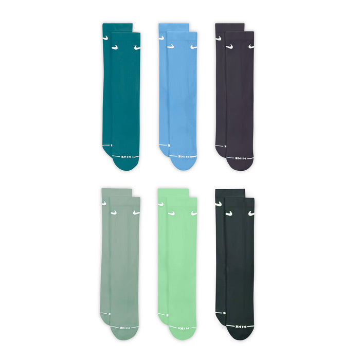 6-pack crew socks assortment in teal, blue, dark gray, light green, and black