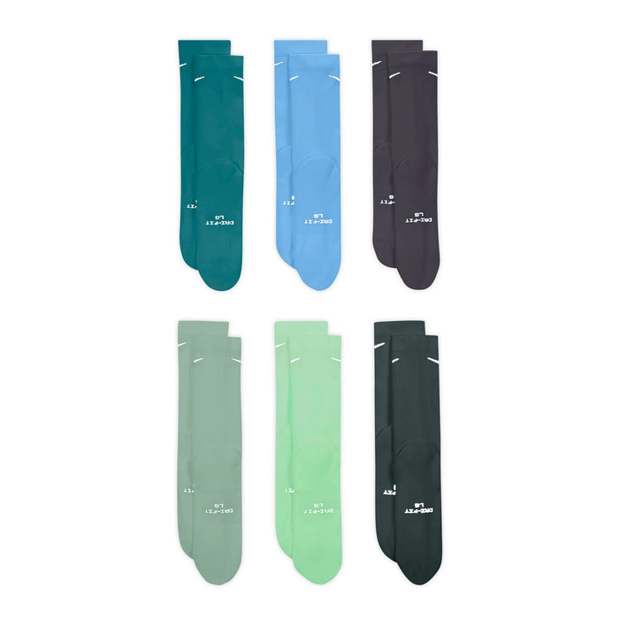 6-pack crew socks assortment in deep teal, light blue, black, and mint green shades