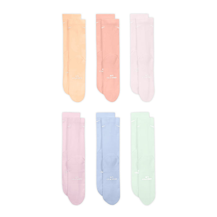 6-pack crew socks flat in soft pastels: peach, rose, light purple, pink, blue, mint; Nike Swoosh