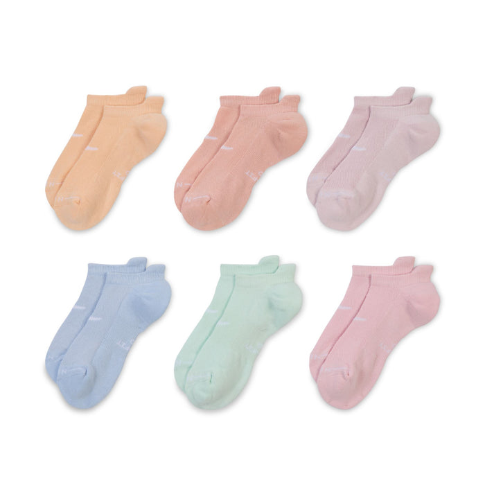 Six-pack no-show socks in pastel shades: peach, pink, lavender, blue, mint, and rose