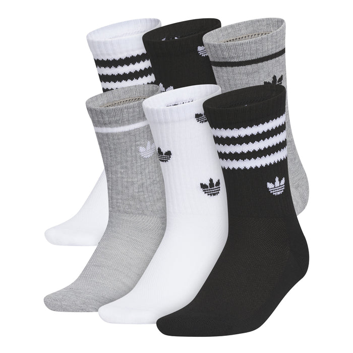 Kids crew socks multipack: white, black, heather grey with striped and trefoil prints