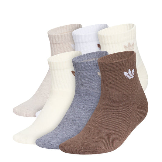 Kids quarter socks 6-pack, trefoil logos in cream, blue, white, and brown