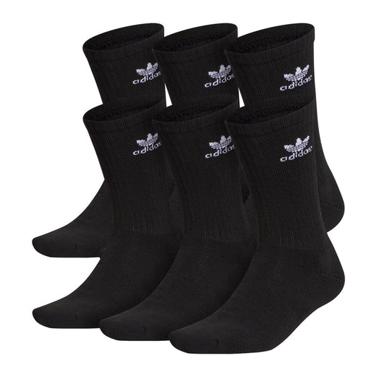 6-pack black crew socks with adidas logo, cushioned knit and ribbed crew cuff