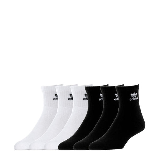 6-pack quarter crew socks in white and black with adidas logo on heel