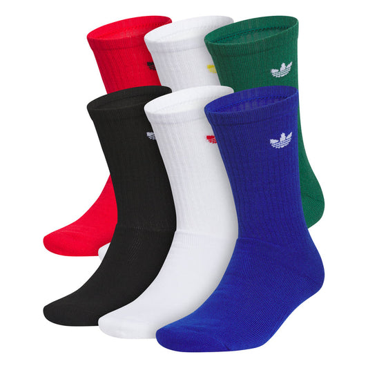 6-pack crew socks in red, white, green, blue, and black with trefoil logos