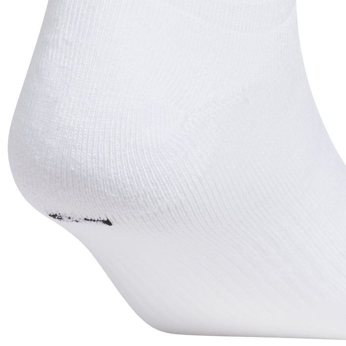 White no-show sock toe close-up with ribbed knit and small dark spot