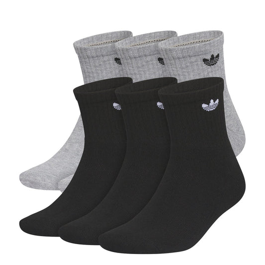 6-pack quarter crew socks in heather grey and black with small Trefoil logos