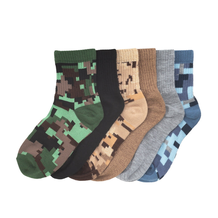 6-pack crew socks in green, tan, and blue digital camo with solid pairs.