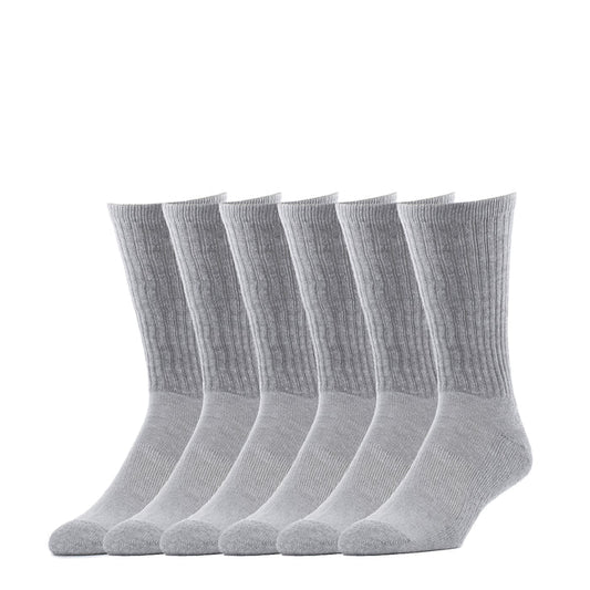 Six-pack grey crew work socks, ribbed knit and crew height for daily wear