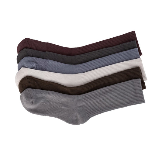 6-pack medium ribbed crew socks, folded; burgundy, gray, white, and dark brown