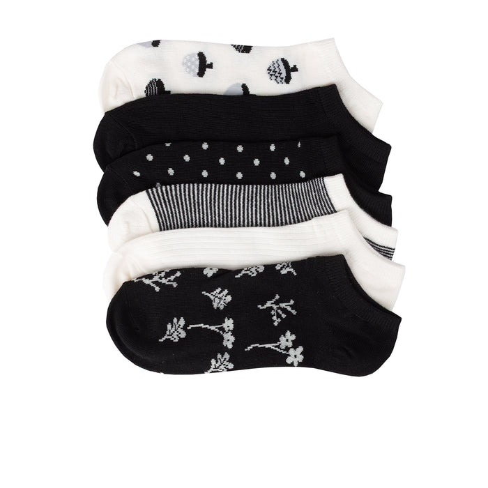 6-pack medium no-show socks, mixed black-and-white patterns with stripes and icons
