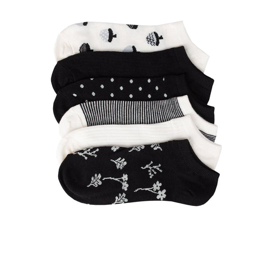 6-pack medium no-show socks, mixed black-and-white patterns with stripes and icons