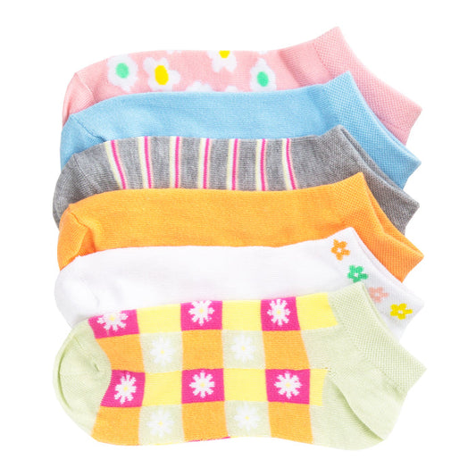 6-pack no-show socks, pastel prints: daisies, stripes, checks, and solid trim