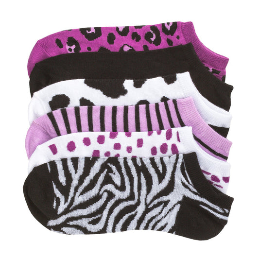 6-pack no-show socks, purple black white animal print and zebra stripes