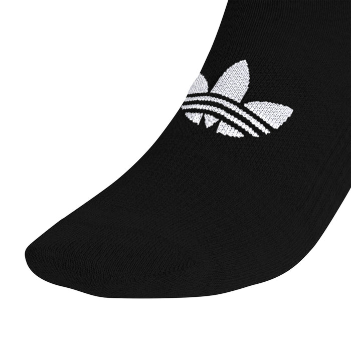 Black no-show sock with white logo graphic at ankle