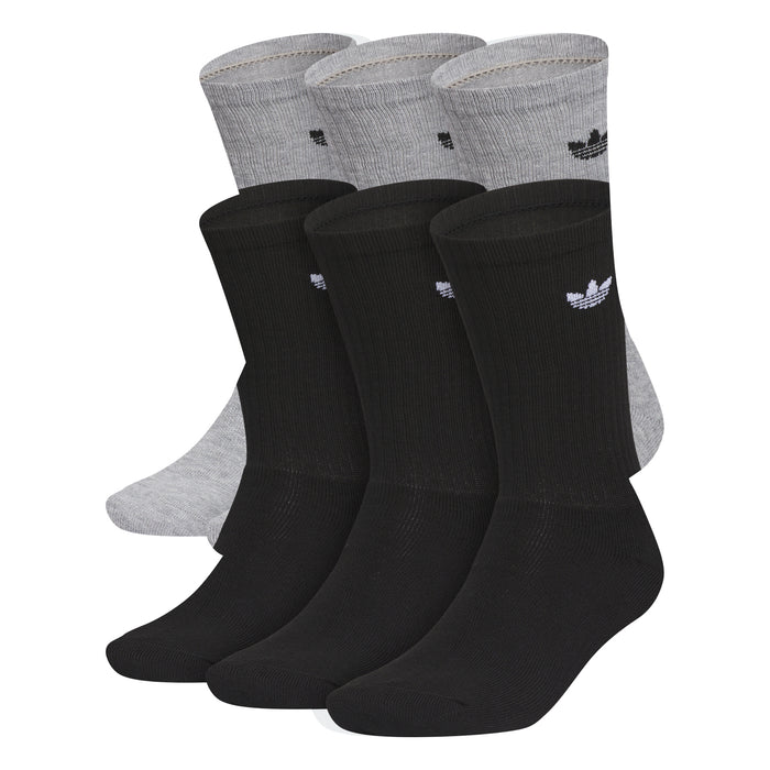 6-pack crew socks in heather grey and black with trefoil logos