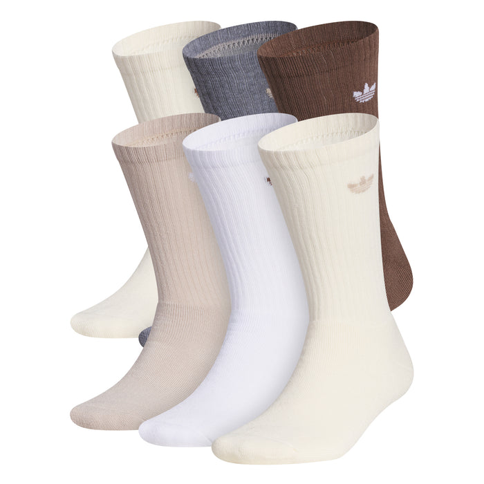 6-pack crew socks in beige, white, blue, and brown with small Adidas trefoil logos