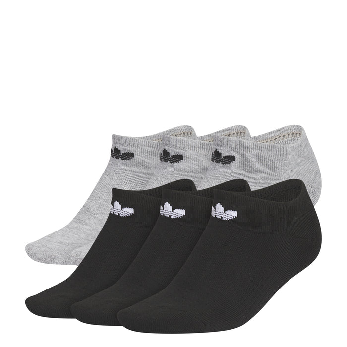 6-pack heather grey and black no-show socks with small trefoil logos