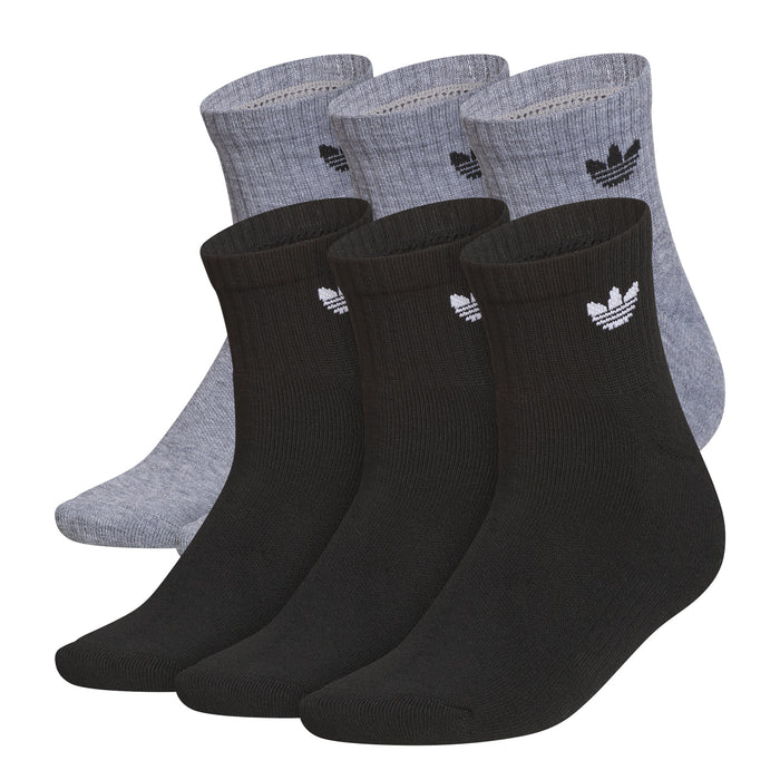 6-pack quarter crew socks in heather grey and black with trefoil logo
