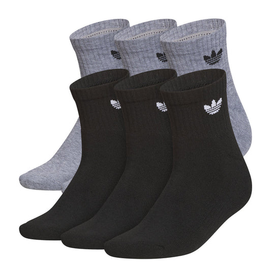 6-pack quarter crew socks in heather grey and black with trefoil logo