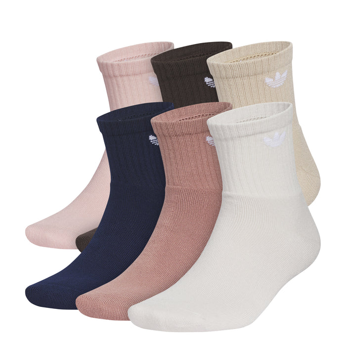 6-pack quarter crew socks, assorted pink, navy, tan tones with trefoil logo