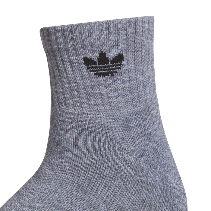 Heather grey quarter crew sock with black trefoil logo on side