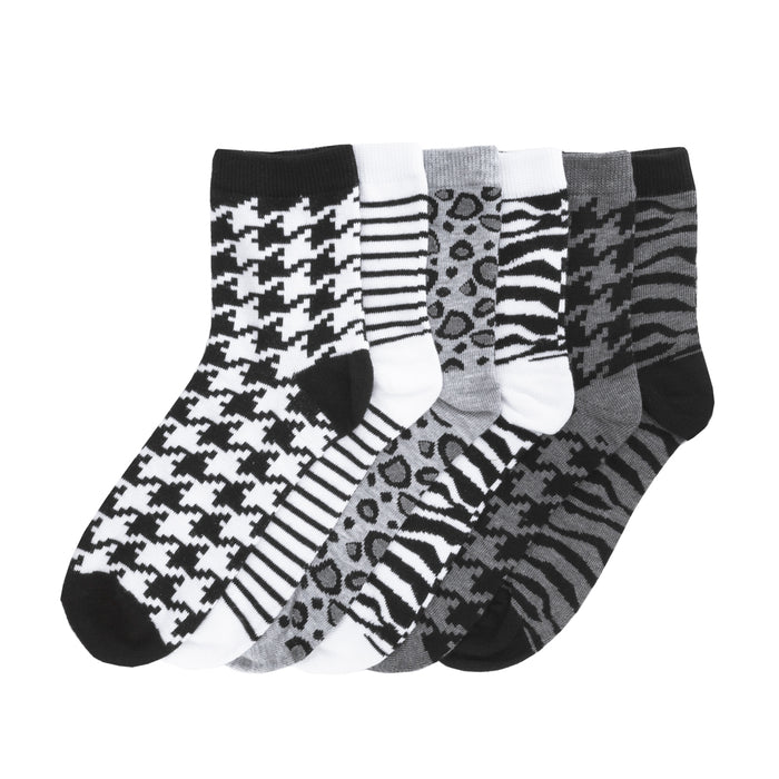6-pack medium quarter socks with houndstooth, zebra, leopard, and striped patterns in black/gray