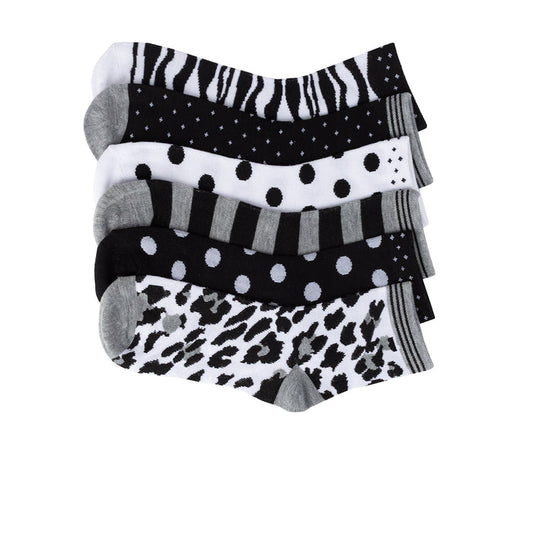 6-pack quarter socks in zebra, polka dot, stripe, leopard prints with contrast cuffs