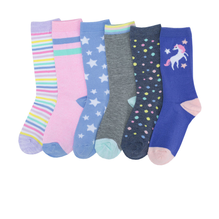 Six-pack small crew socks with pastel stripes, stars, dots, and unicorn design