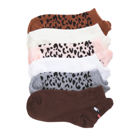 Kids low-cut socks, 6-pack, leopard face patterns in brown, pink, white, gray