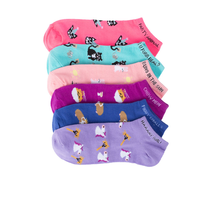 Pack of 6 no-show socks with colorful animal and cartoon prints