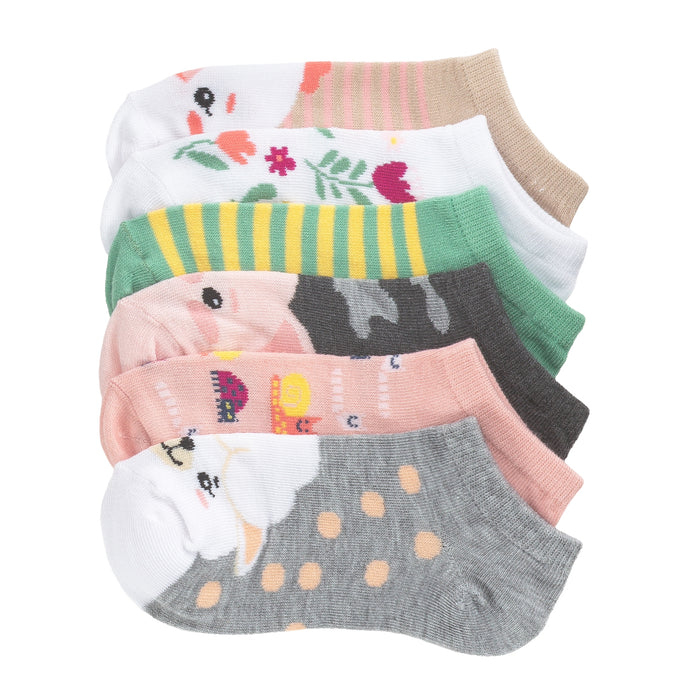 6-pack small no-show socks with multicolor farm animal and stripe patterns