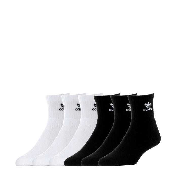 6-pack adidas quarter socks, white and black crew style with logo