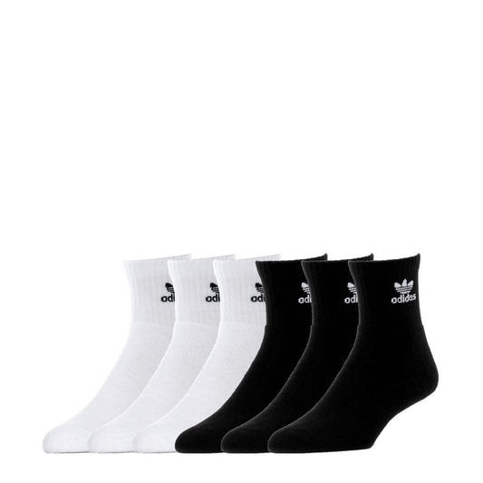 6-pack adidas quarter socks, white and black crew style with logo
