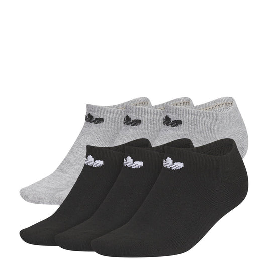 No-show socks 6-pack, heather gray and black with small trefoil icons