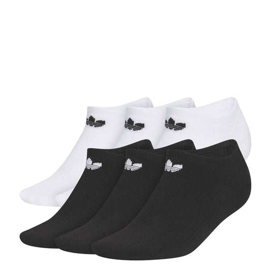 6-pack no-show socks set in white and black with small trefoil logo cuffs