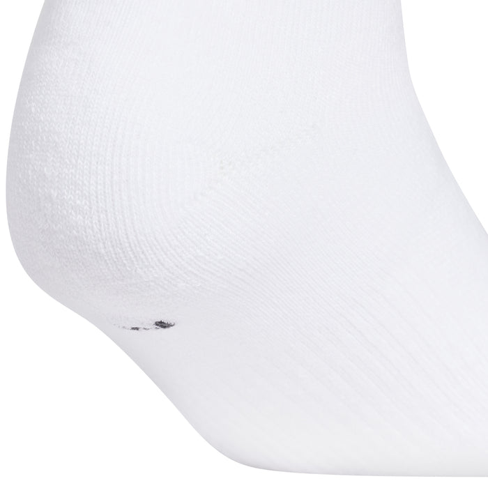 White no-show ankle sock with subtle knit texture and tiny black trefoil logo