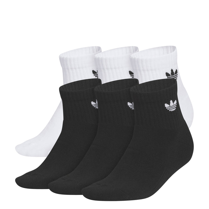 6-pack quarter crew socks, white and black, with trefoil logos on ribbed cuffs